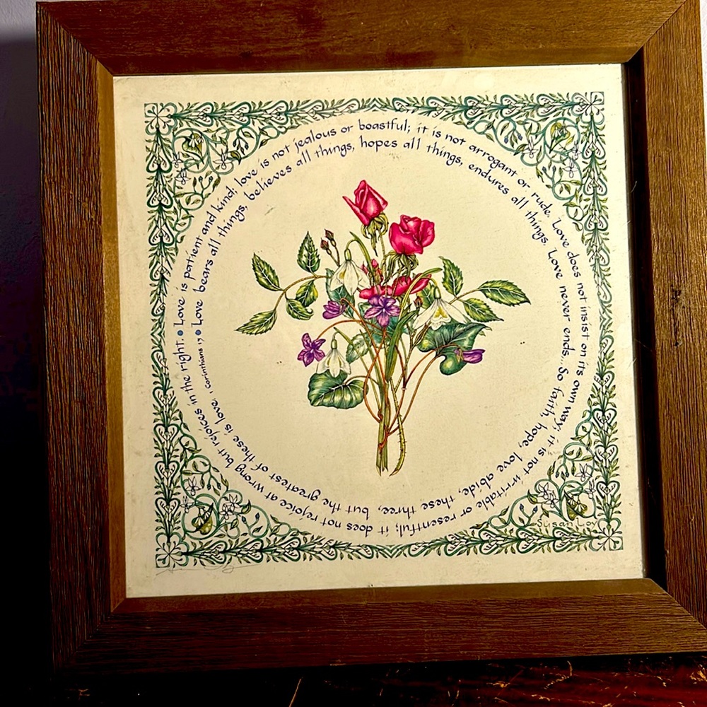 Corinthians: Love is patient Love is kind Costumed framed in wood.